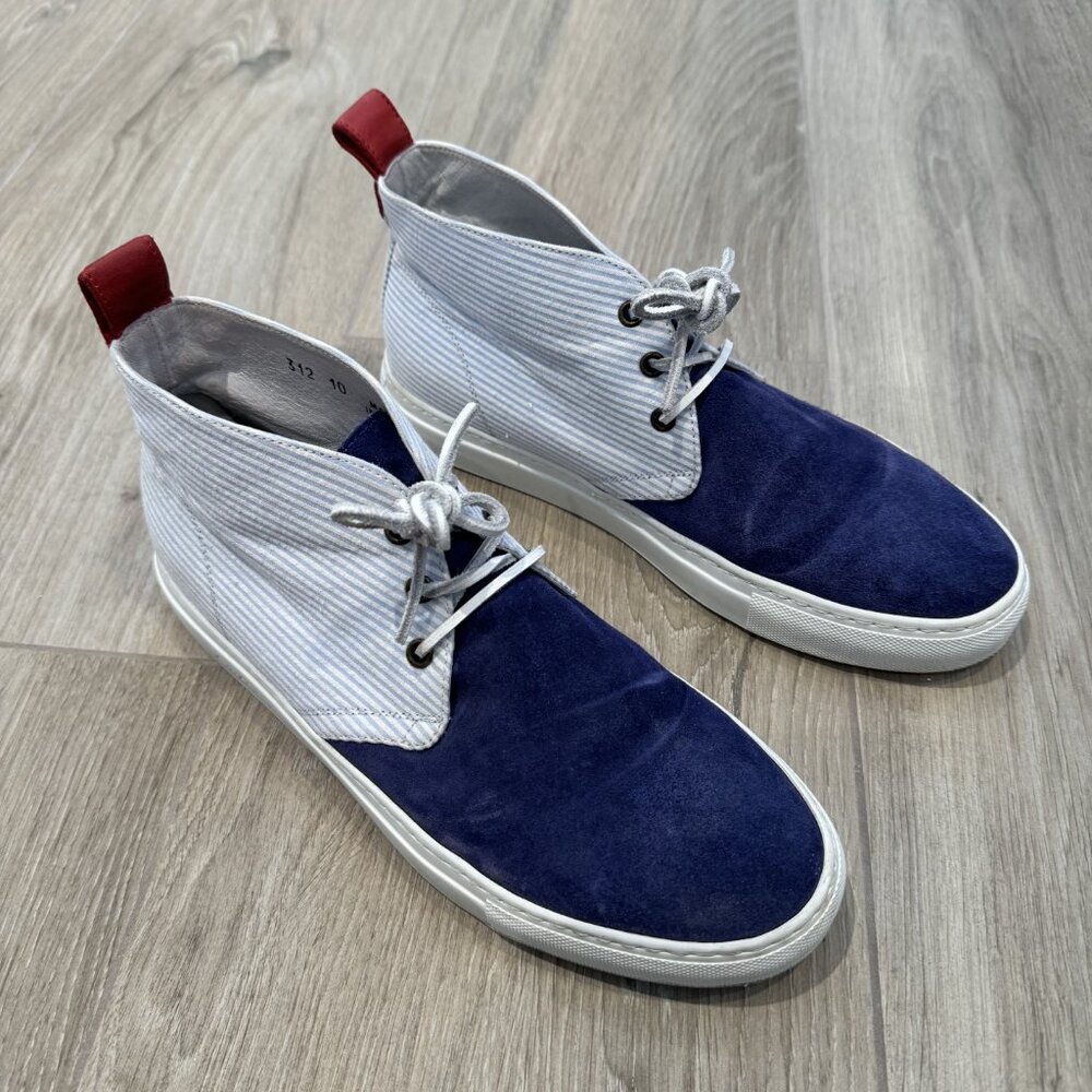 Del Toro, Mid Top, Chukka, Sneaker, Blue White Seersucker, Navy Suede, Size 10